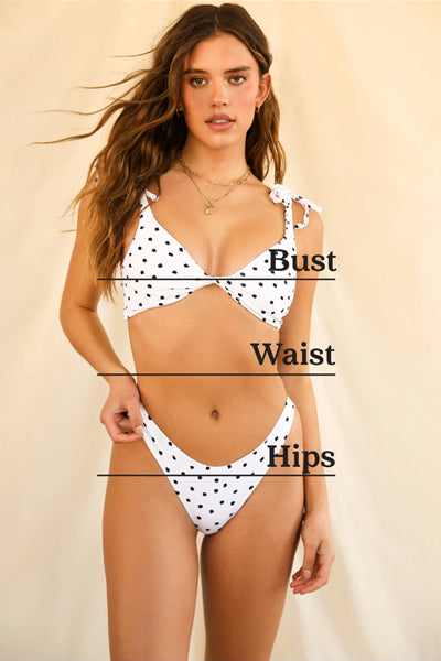 Size chart illustration for bust, waist, and hips