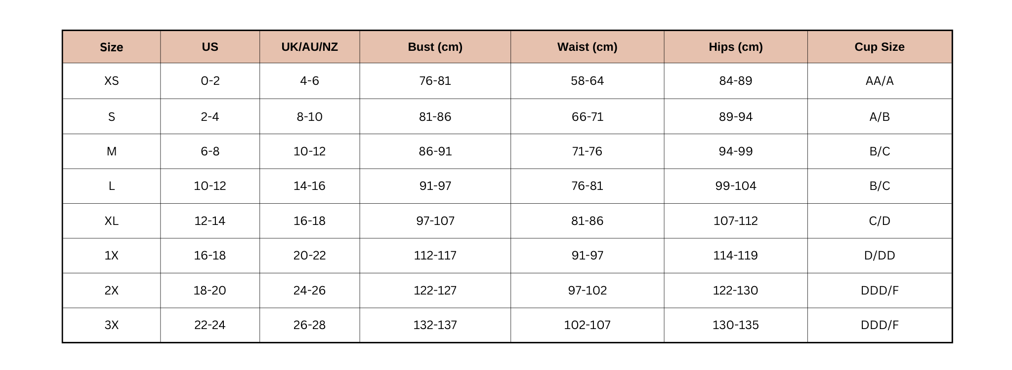 Size Chart - Centimeters