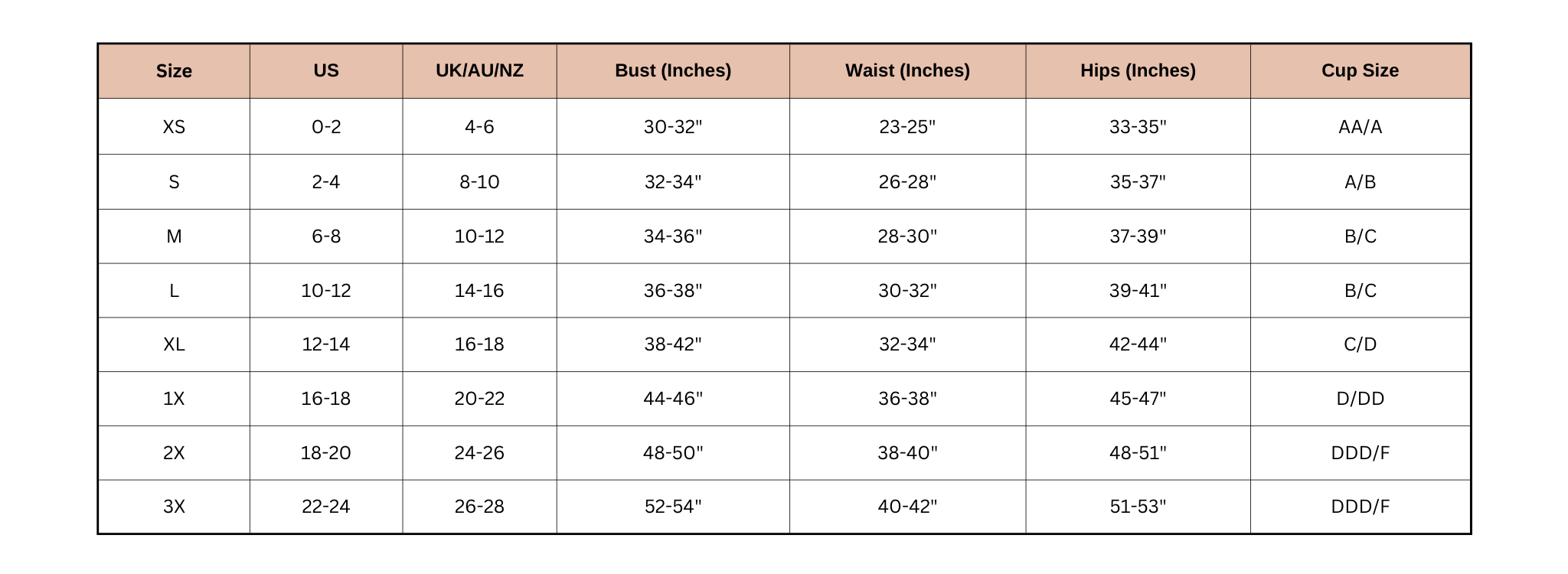 Size Chart - Inches